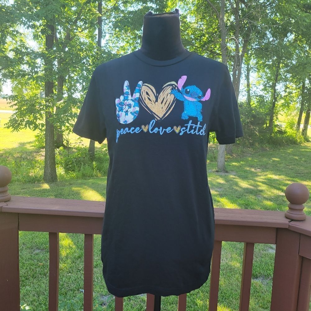 Women's Black "Peace Love Stitch" Crew Neck Short Sleeve Cotton T-Shirt Size M